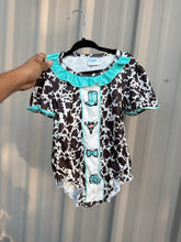 Load image into Gallery viewer, Turquoise Cowprint Romper
