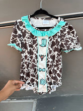 Load image into Gallery viewer, Turquoise Cowprint Romper
