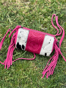 Pink Cowhide Fringe Crossbody Bag